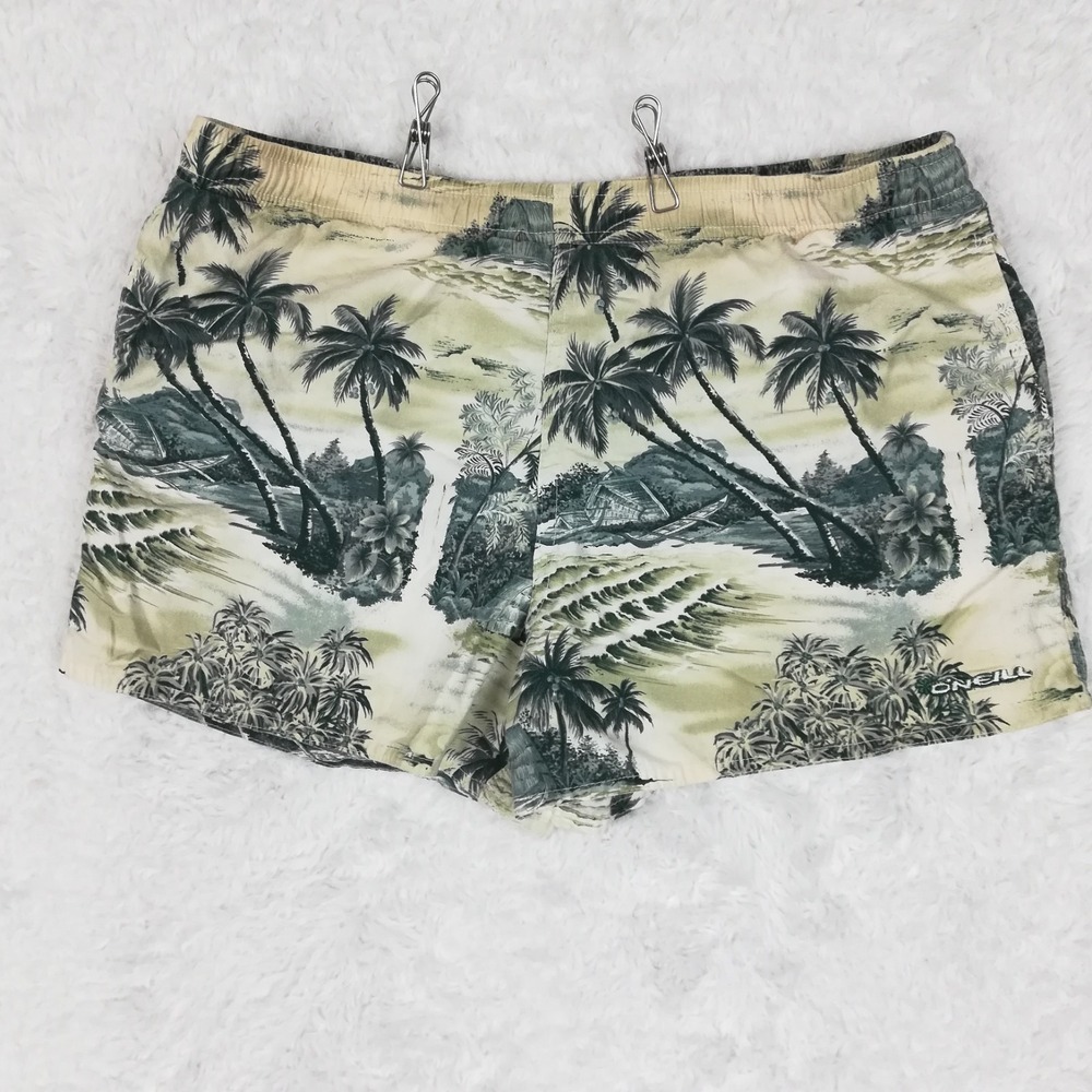 Vtg O'Neill Mens Swim Trunks Shorts Beach Hut Tropical Print Beige Green L